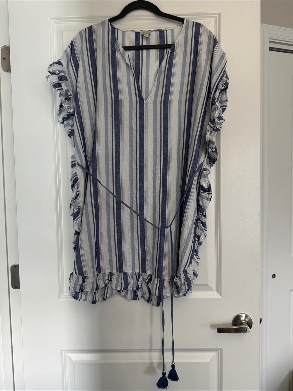 J. Crew Blue and White Striped Swim Coverup with Tassel Tie
